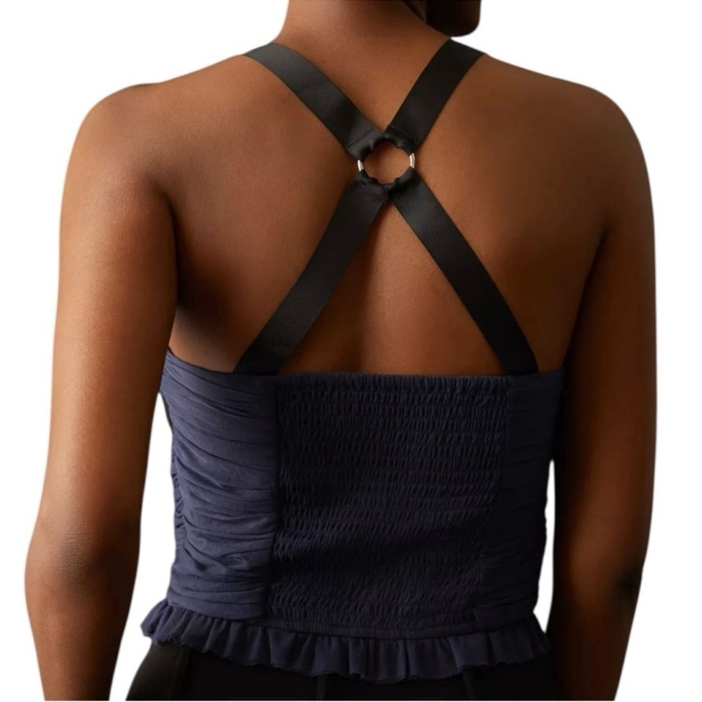 New with tags Anthropologie Navy and Black Ruched Ribbon Strap Sleeveless Top - Picture 2 of 6